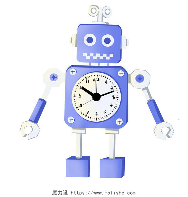 彩色卡通机器人男孩闹钟钟表时间表盘PNG素材元素开学季闹钟